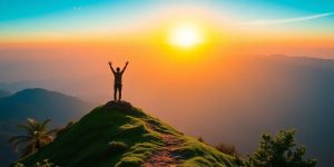 Person celebrating success at sunrise on a mountain peak.