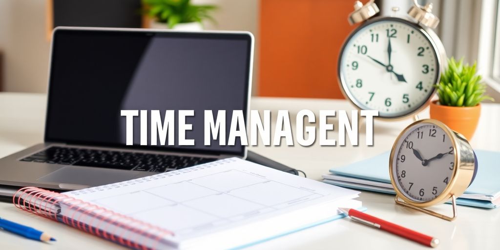A bright workspace with a planner, laptop, and clock.