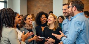 Group of people having a lively conversation together.