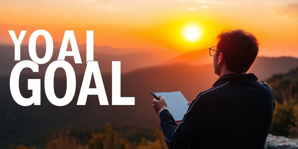 Person writing goals at sunset on a scenic overlook.
