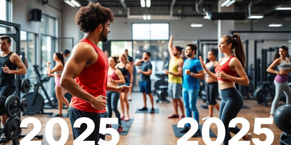 Diverse fitness enthusiasts working out in a vibrant gym.
