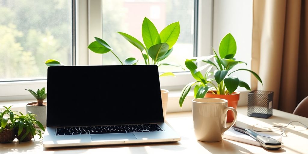 A balanced workspace with plants, coffee, and a laptop.