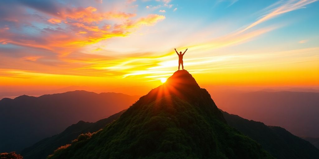 Person celebrating atop a mountain at sunrise.