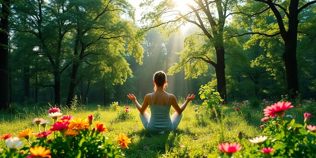 Person meditating in a lush green landscape, promoting wellness.